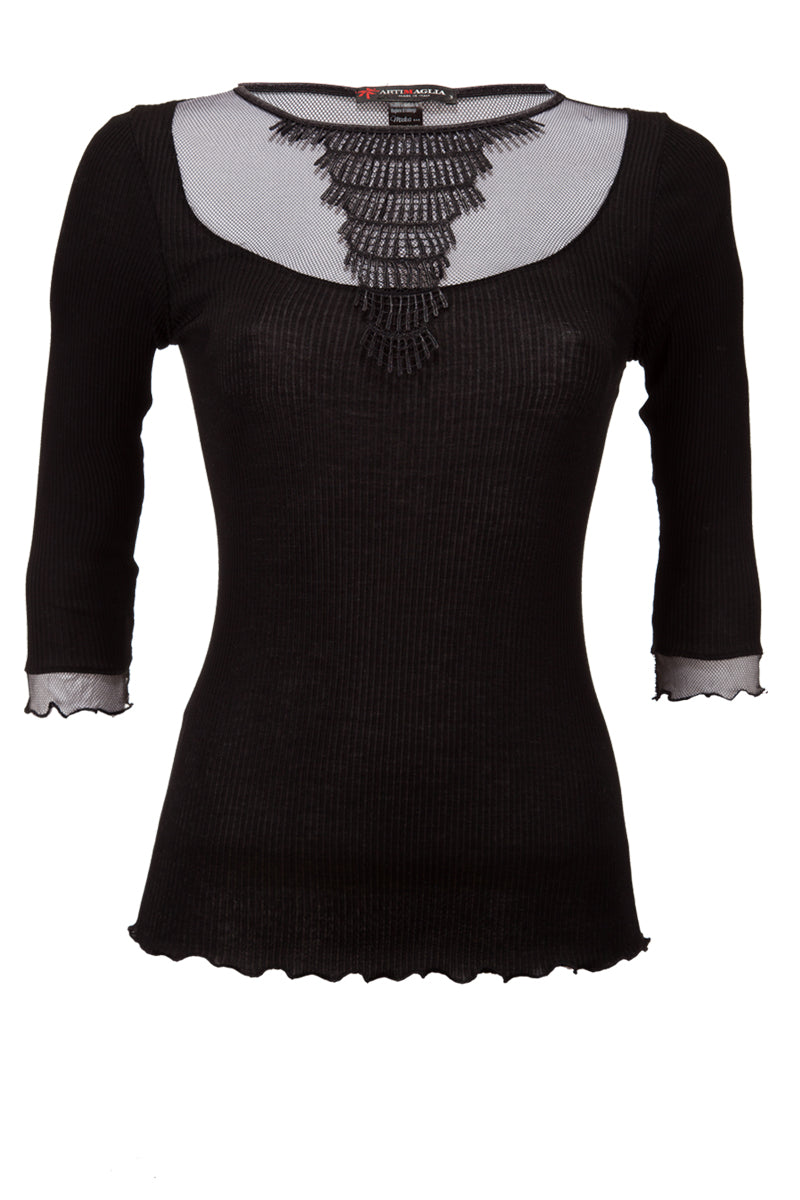 Maglia sottogiacca da donna 113 in Cotone - Manica al gomito e dettaglio in macramè