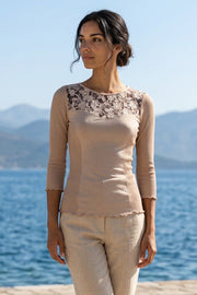 121 04 3/4 sleeve with leather decorations - Filoscozia® cotton