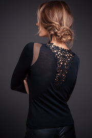 Maglia manica lunga da donna 203 in lana merino e seta - Scollo V Inserto in macramè sul retro e parti di rete impalpabile