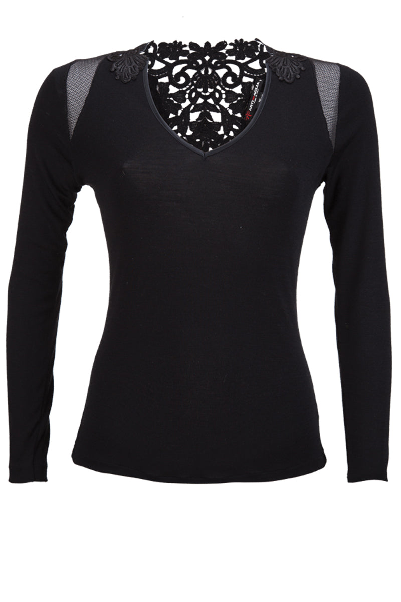 Maglia manica lunga da donna 203 in lana merino e seta - Scollo V Inserto in macramè sul retro e parti di rete impalpabile