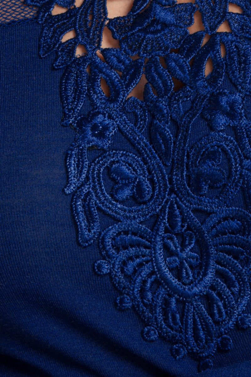 Maglia manica lunga da donna 203 in lana merino e seta - Scollo V Inserto in macramè sul retro e parti di rete impalpabile