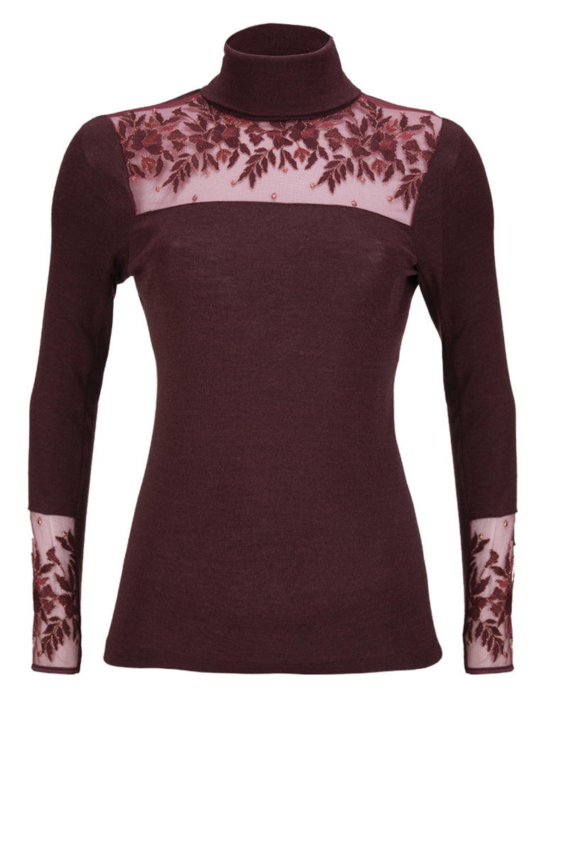 Maglia dolcevita da donna 240 in lana seta - Pregiato e ricamato in tulle