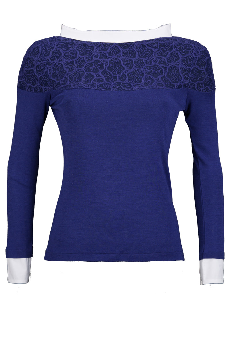 Maglia sottogiacca da donna 245 in lana merino e seta - Collo e polsi in tela di camicia con arricchimenti in pizzo