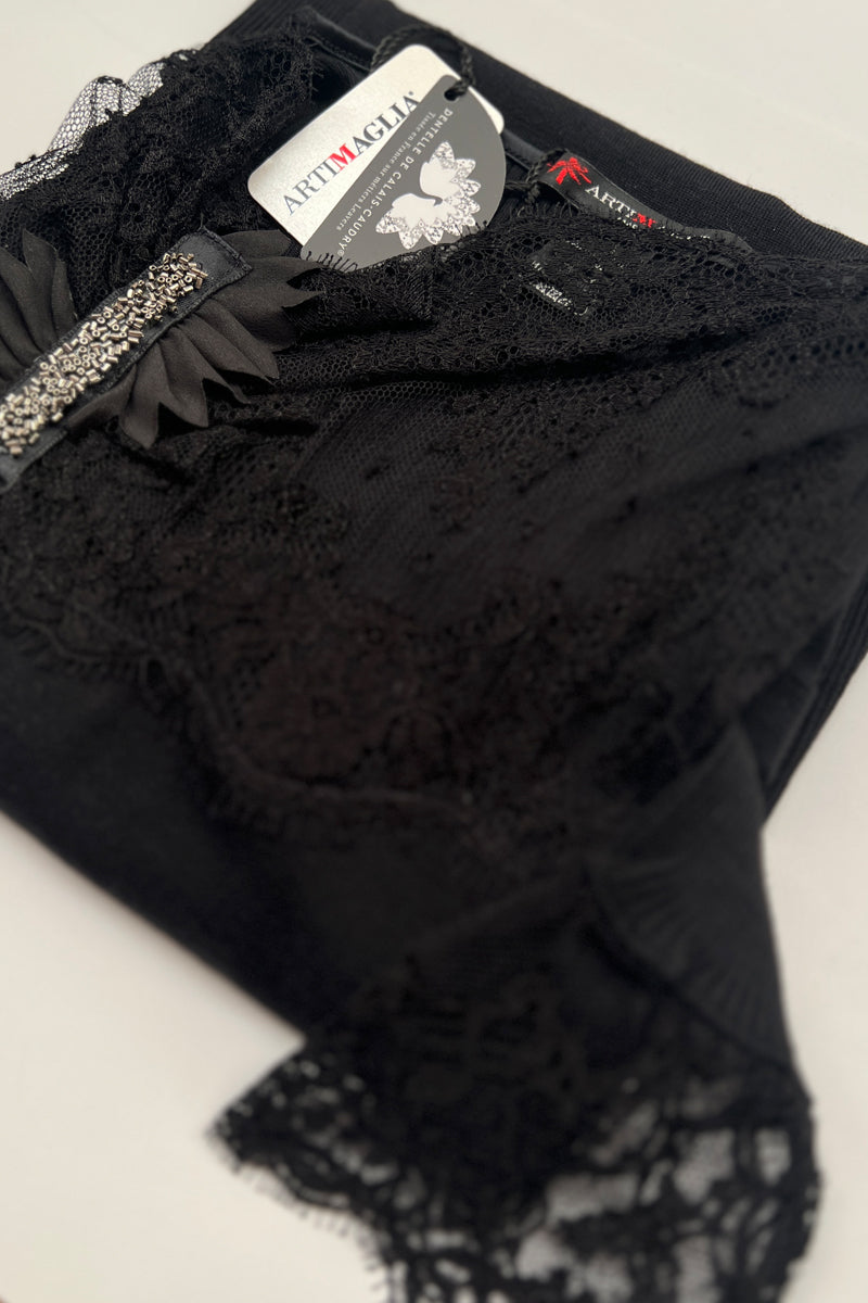 Maglia da donna 289 in lana seta - Manica lunga barchetta e finissimo pizzo Dentelle di Calais