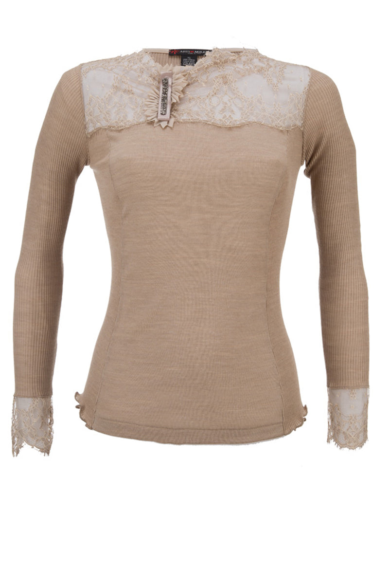 Maglia da donna 289 in lana seta - Manica lunga barchetta e finissimo pizzo Dentelle di Calais
