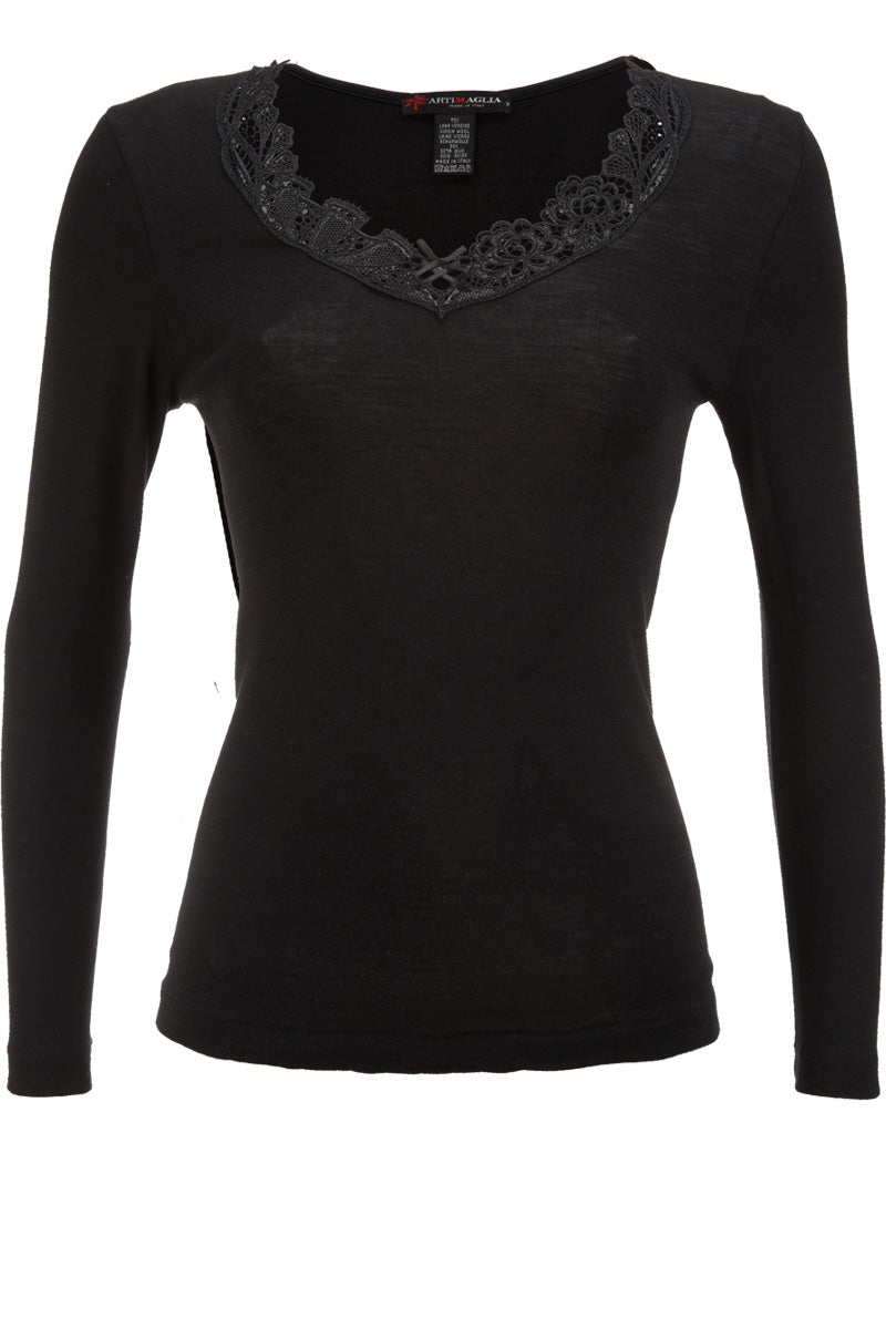 Maglia sottogiacca da donna 331 in lana e seta - Manica lunga e inserto macramè pregiatissimo