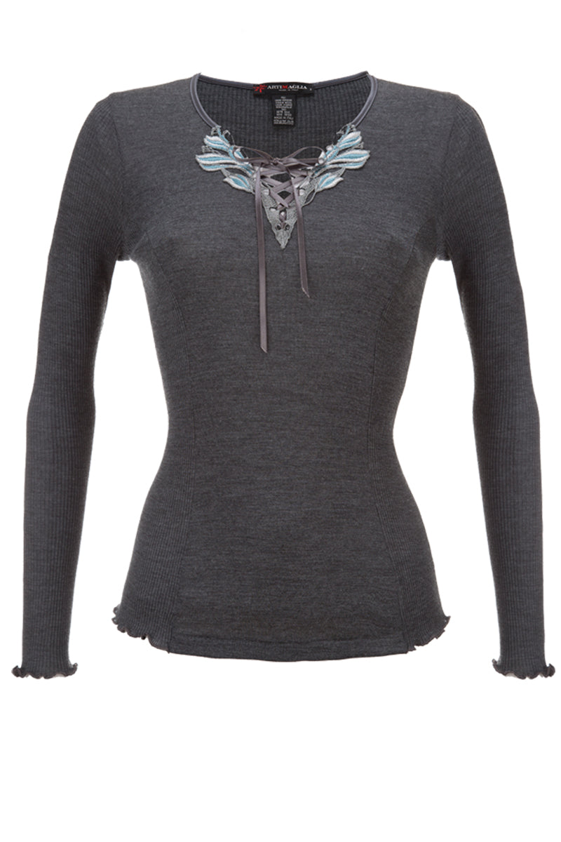 Maglia sottogiacca da donna 336 in lana seta - Manica lunga, macramè bicolore e nastrino di raso