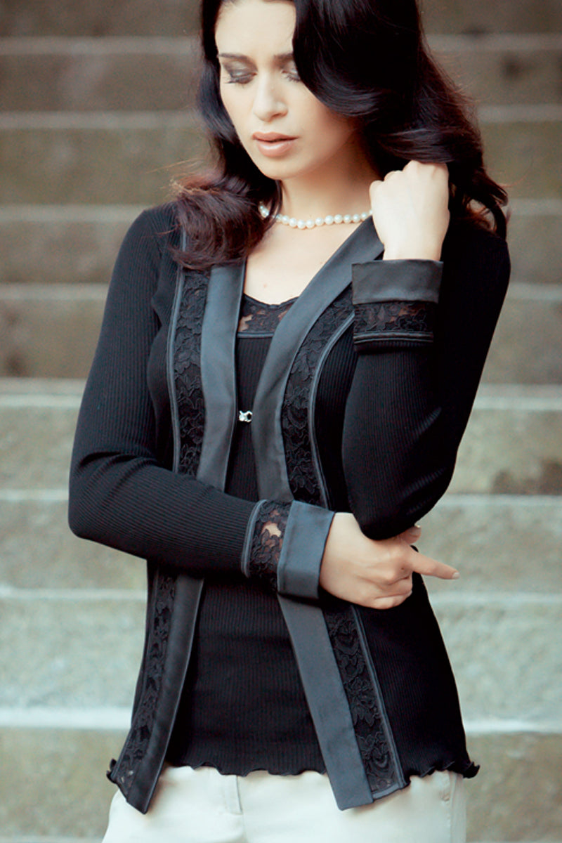 Cardigan da donna 431 in cotone - Inserti di pizzo e di raso