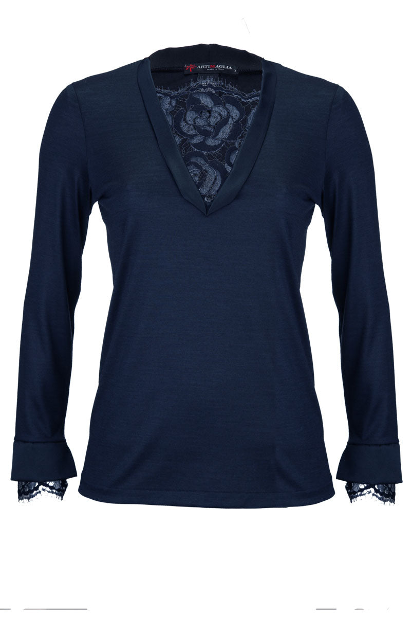 Maglia sottogiacca da donna 611 in lana merino e seta - Scollo a V, raso e pizzo con rose