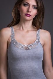 Women's tank top 676 in merino wool and silk - Wide shoulder and macramé insert