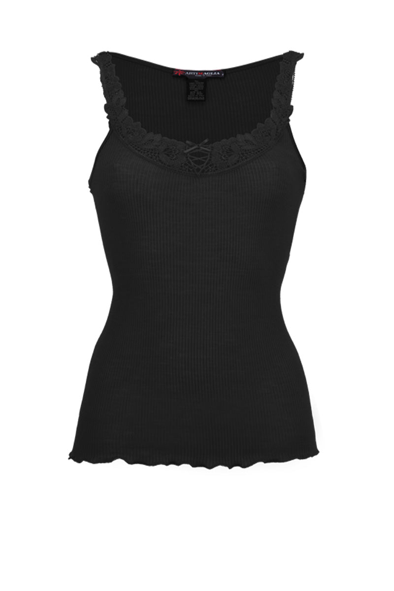 Women's tank top 676 in merino wool and silk - Wide shoulder and macramé insert