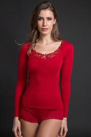 Maglia sottogiacca da donna 676 in lana merino e seta - Manica lunga con inserto macramè pregiatissimo