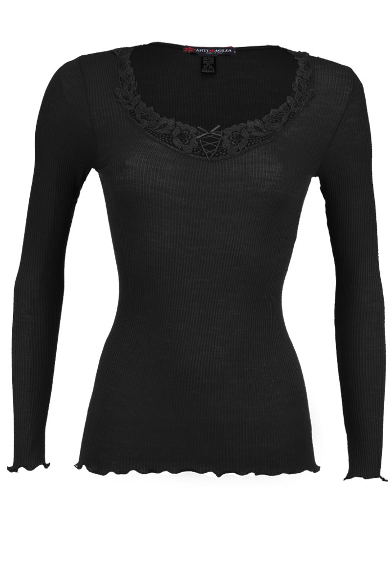 Maglia sottogiacca da donna 676 in lana merino e seta - Manica lunga con inserto macramè pregiatissimo
