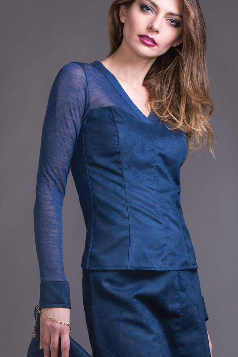 Women's under-jacket top 687 in silk wool crêpe - V-neck and long sleeves Warm and comfortable