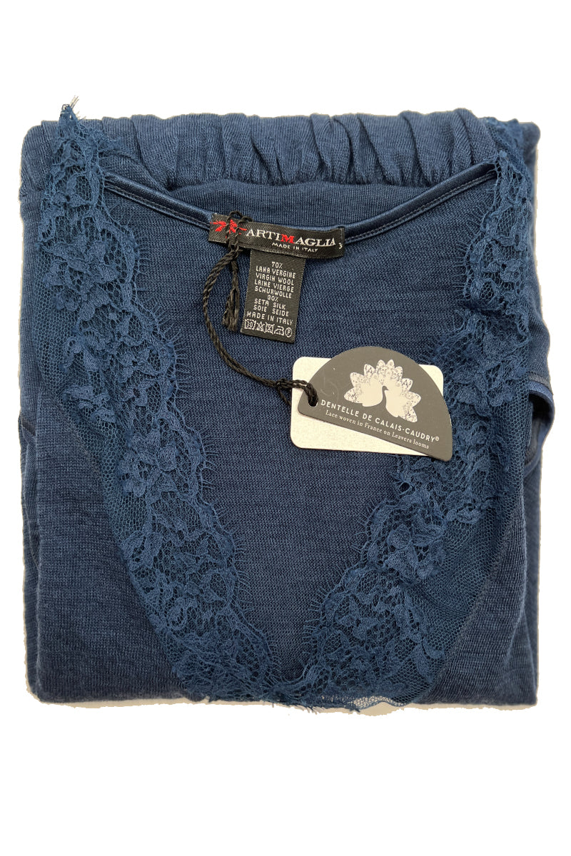 Body da donna 689 in crepe - Manica lunga con scollo V in dentelle e effetto palloncino