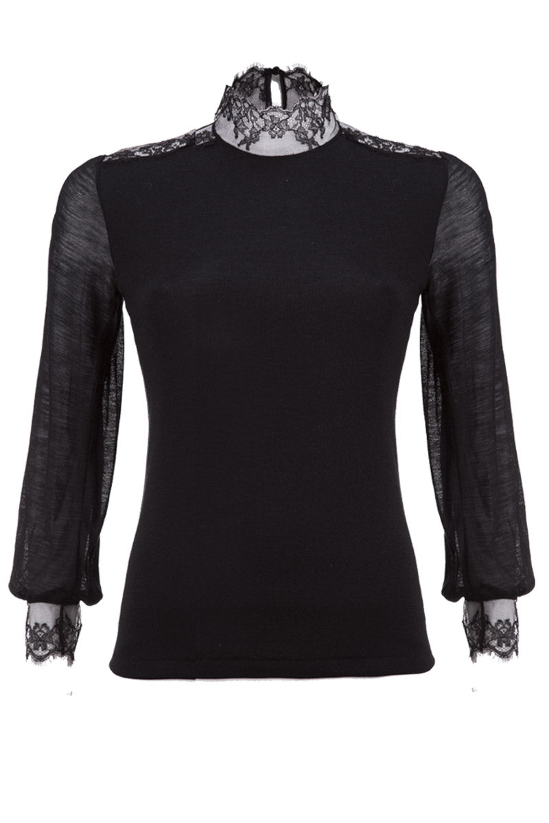 Maglia lupetto da donna 690 in lana merino e seta - Manica lunga e dettagli in dentelle