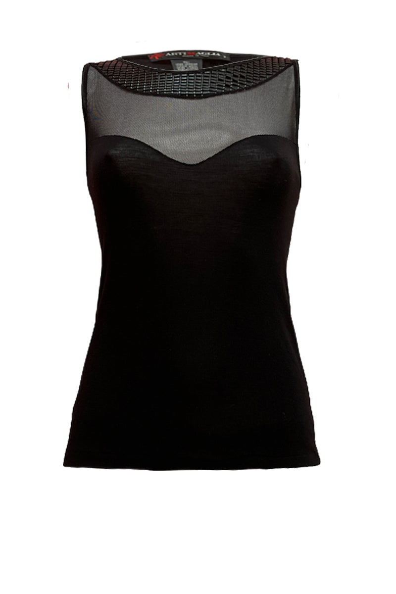 Women's sleeveless sweater 771 in merino wool and silk - Mesh neckline and coated effect