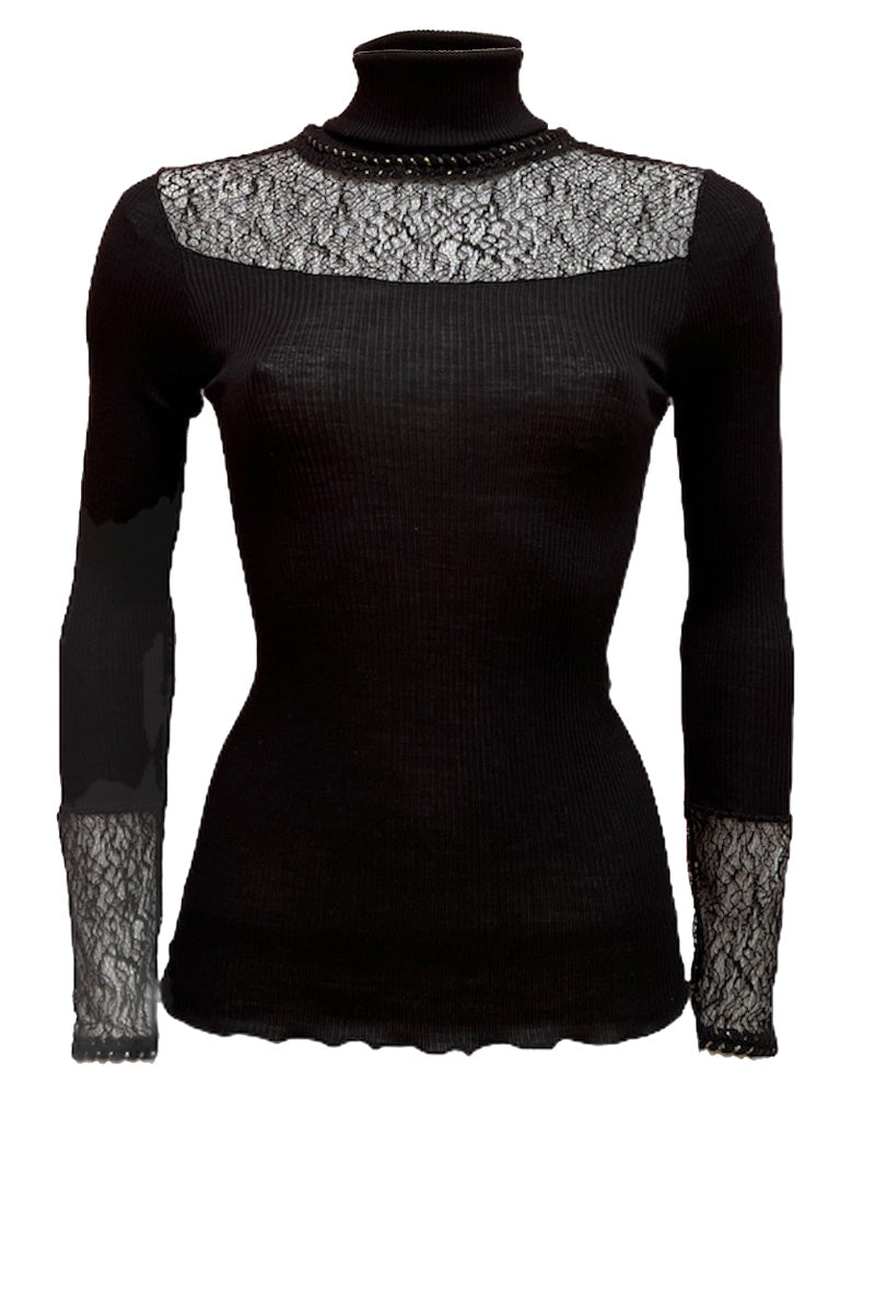 Women's turtleneck sweater 780 in wool and silk - Long sleeve and collar finished with braid