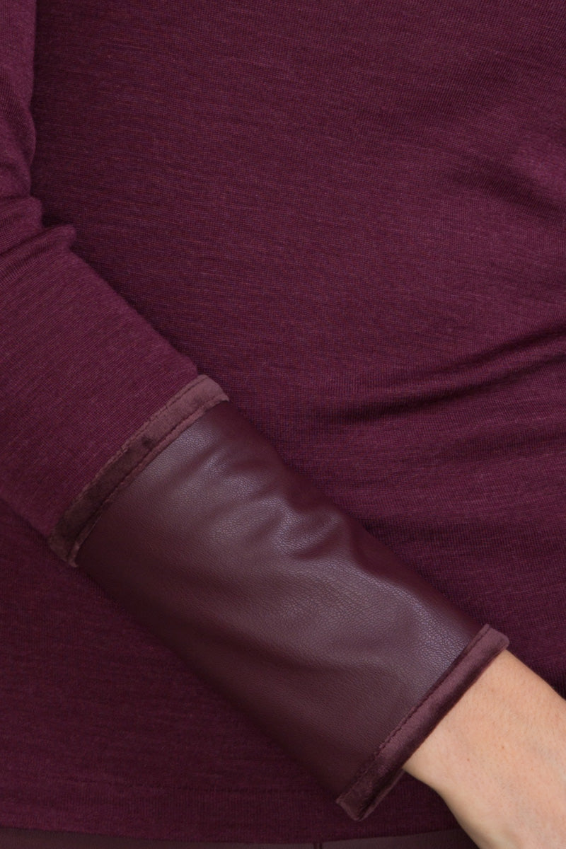 Women's long sleeve sweater 781 in merino wool and silk - Faux leather trims
