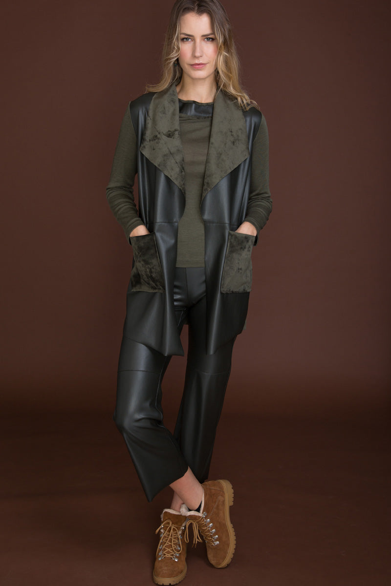 Maglia manica lunga da donna 781 in lana merino e seta - Bordature in finta pelle