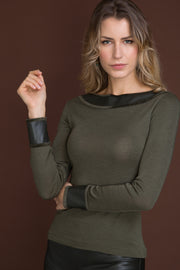 Women's long sleeve sweater 781 in merino wool and silk - Faux leather trims