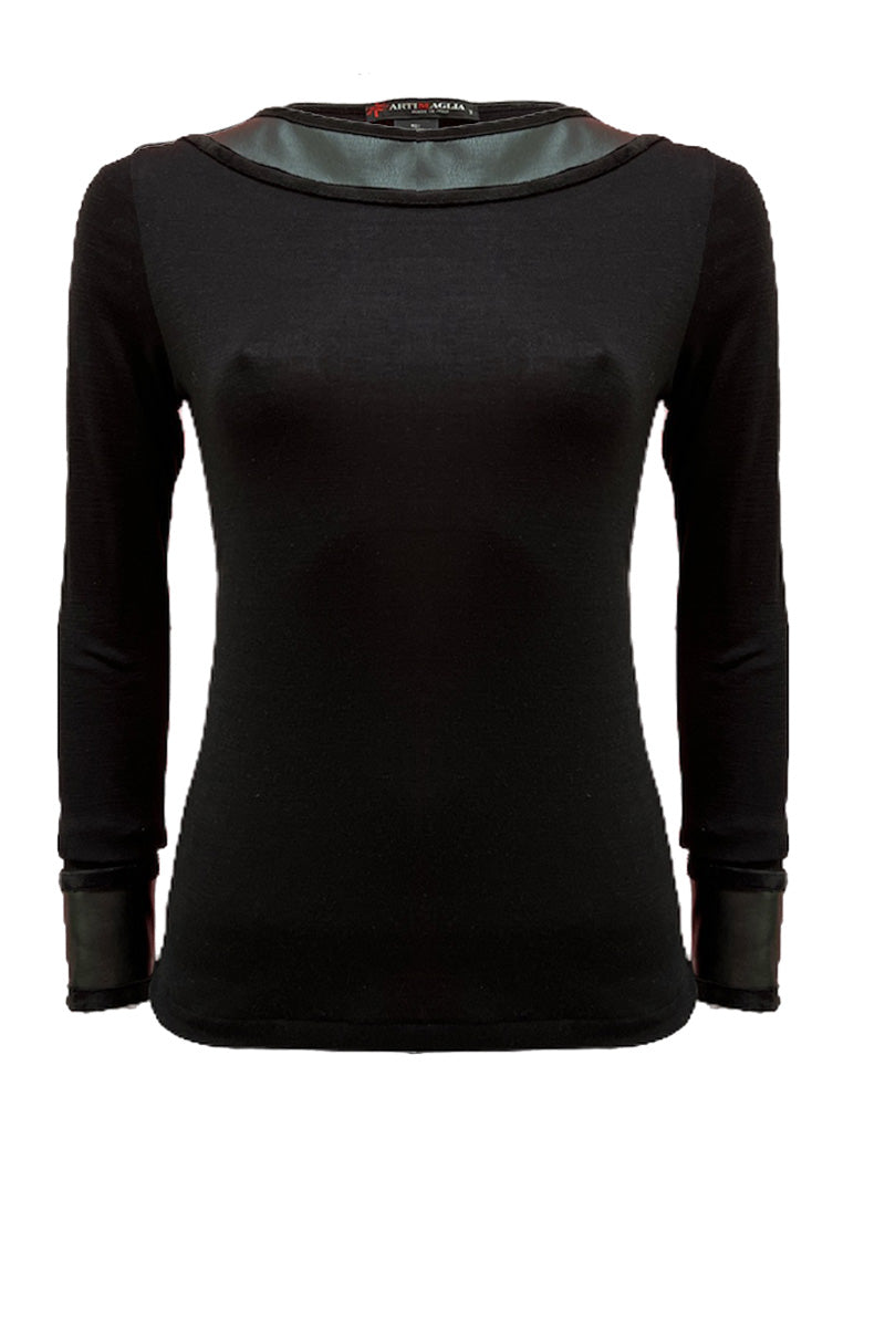 Women's long sleeve sweater 781 in merino wool and silk - Faux leather trims