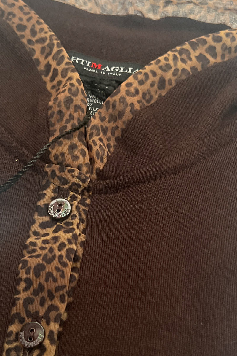 Women's under-jacket sweater 787 in merino wool and silk - Printed organza border with leopard effect