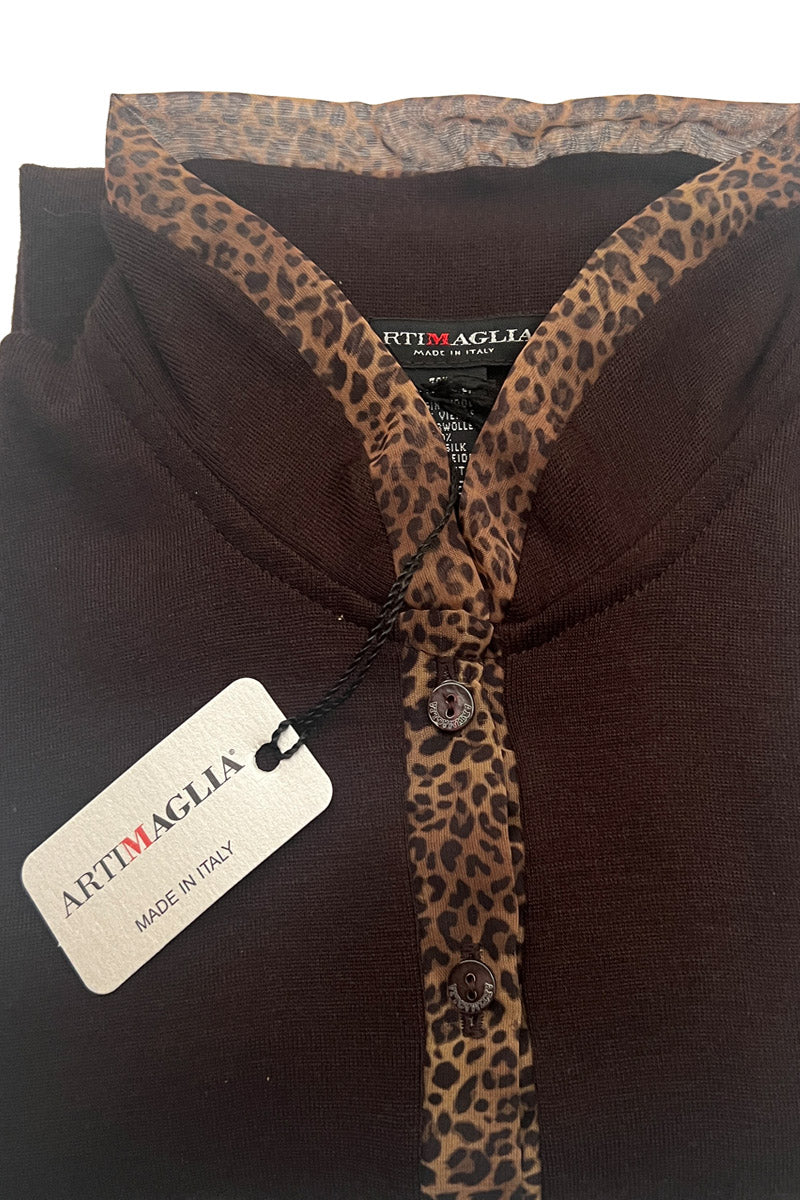 Women's under-jacket sweater 787 in merino wool and silk - Printed organza border with leopard effect