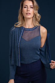 Women's sleeveless cardigan 803 in merino wool and silk - Very light mesh and jewel effect application