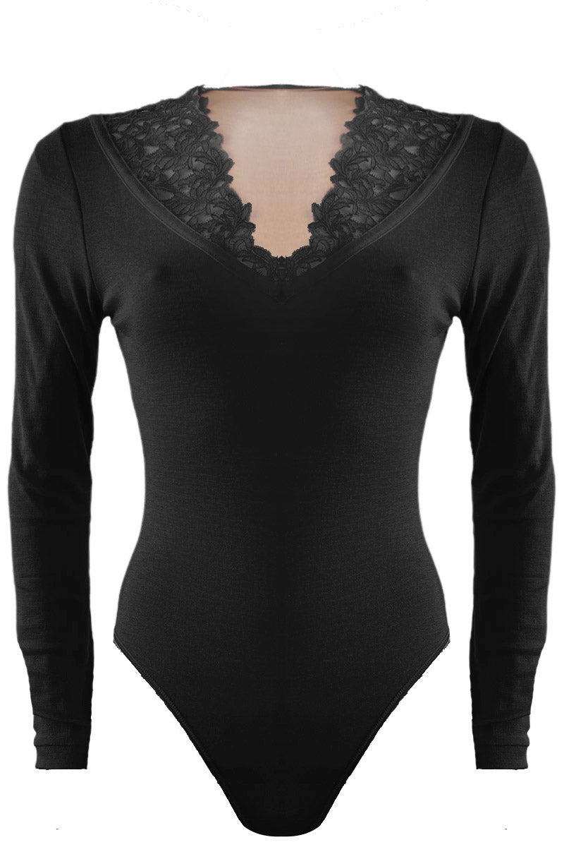Women's body 808 in silk wool - V-neck with macramé and invisible tulle