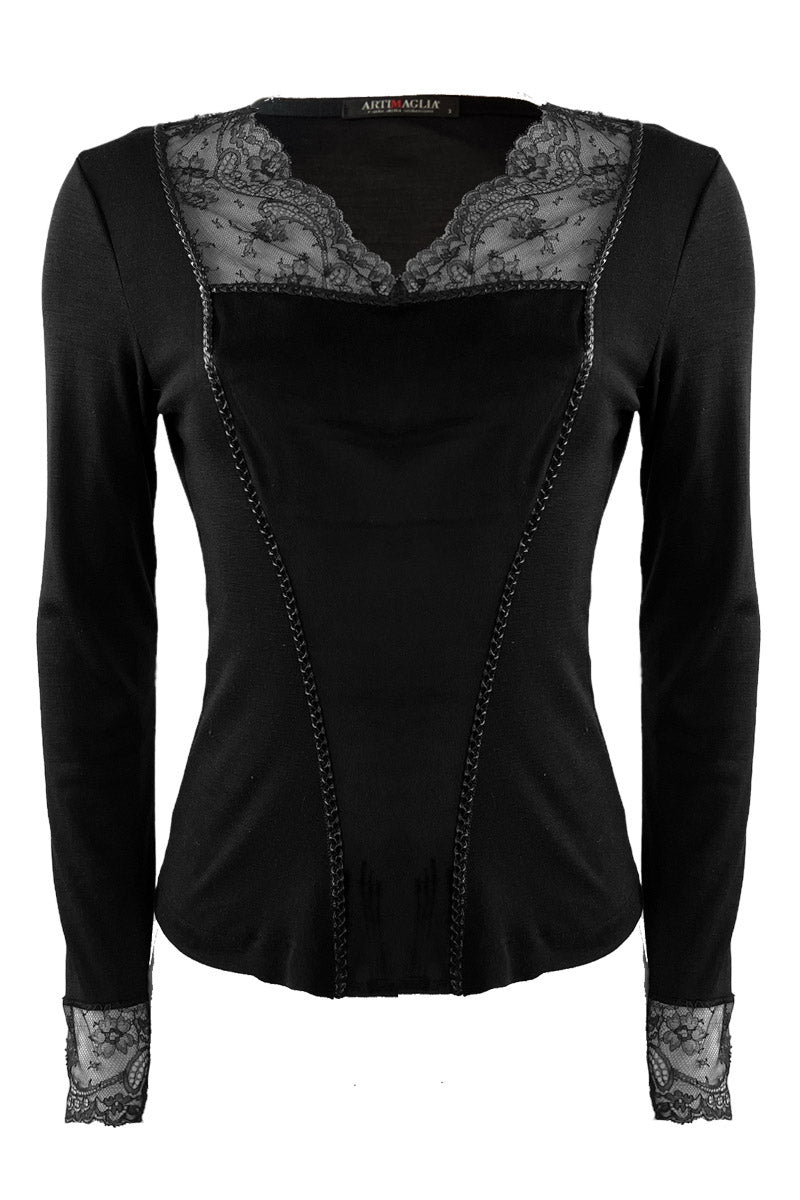 Women's corset 809 in wool silk - Long sleeve and details in suede and lace