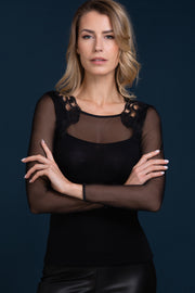 Women's long-sleeve undershirt 810 in merino wool and silk - Long sleeve crew neck with tulle and macramé inserts