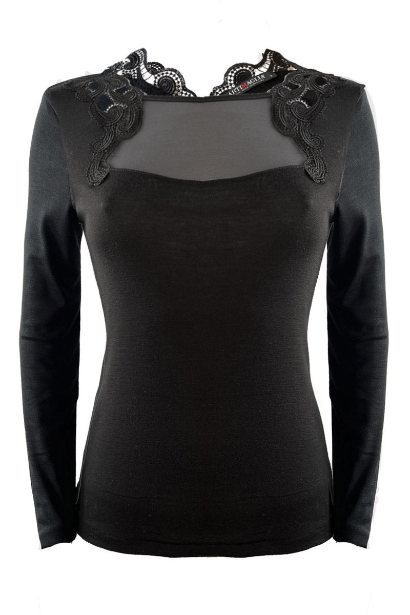 Women's under-jacket sweater 811 in merino wool and silk - Long sleeve and crew neck with macramé inserts