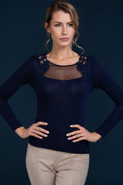 Women's under-jacket sweater 811 in merino wool and silk - Long sleeve and crew neck with macramé inserts