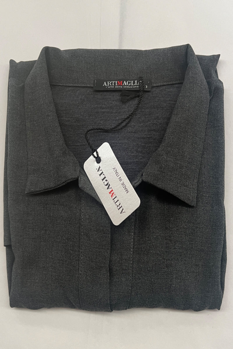 Polo da donna 814 in lana merino e seta - Manica lunga e davanti in Jersey di camicia