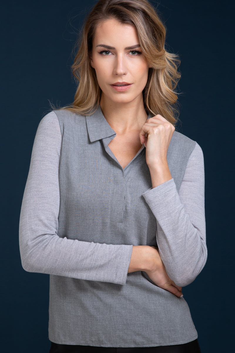 Polo da donna 814 in lana merino e seta - Manica lunga e davanti in Jersey di camicia