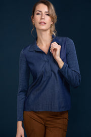 Polo da donna 814 in lana merino e seta - Manica lunga e davanti in Jersey di camicia