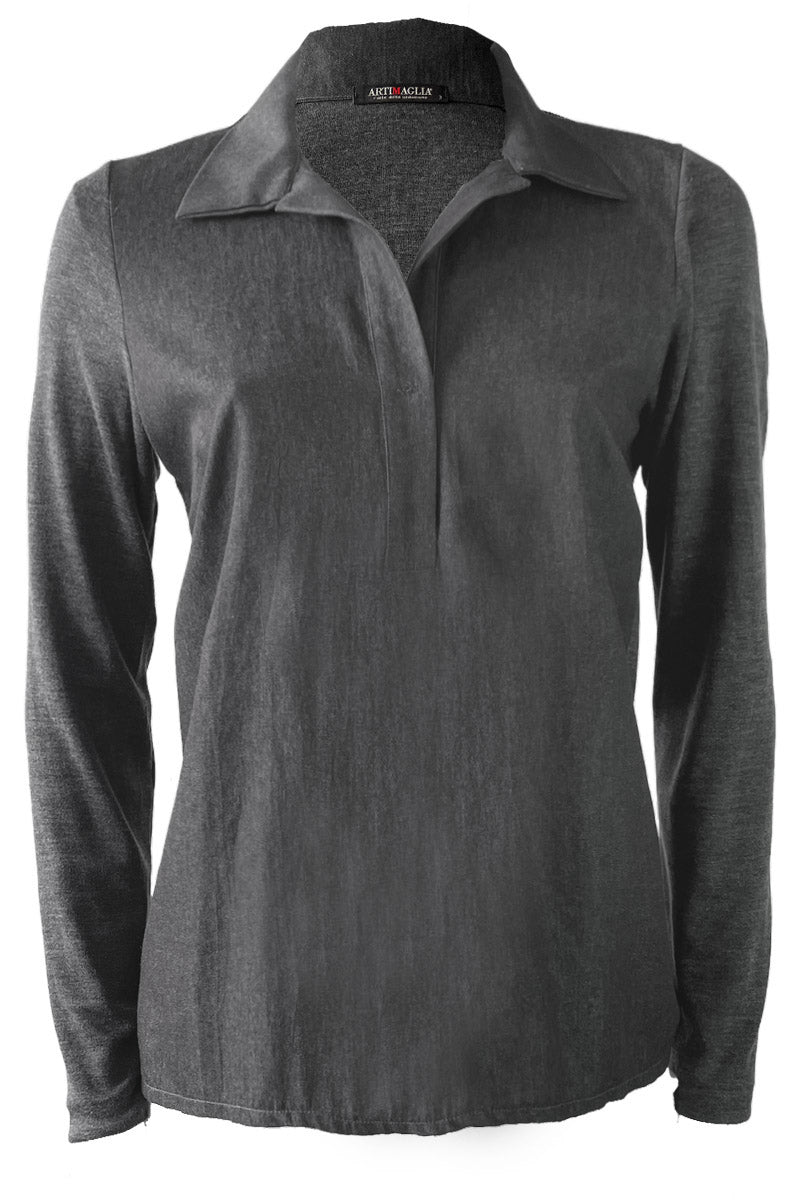 Polo da donna 814 in lana merino e seta - Manica lunga e davanti in Jersey di camicia