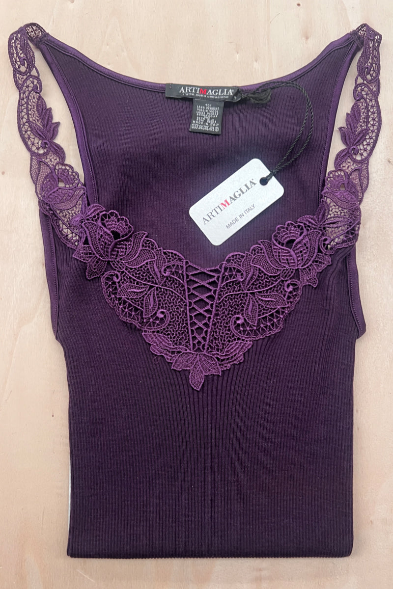 Canotta da donna 820 02 in lana merino e seta - Spalla larga e inserto macramè