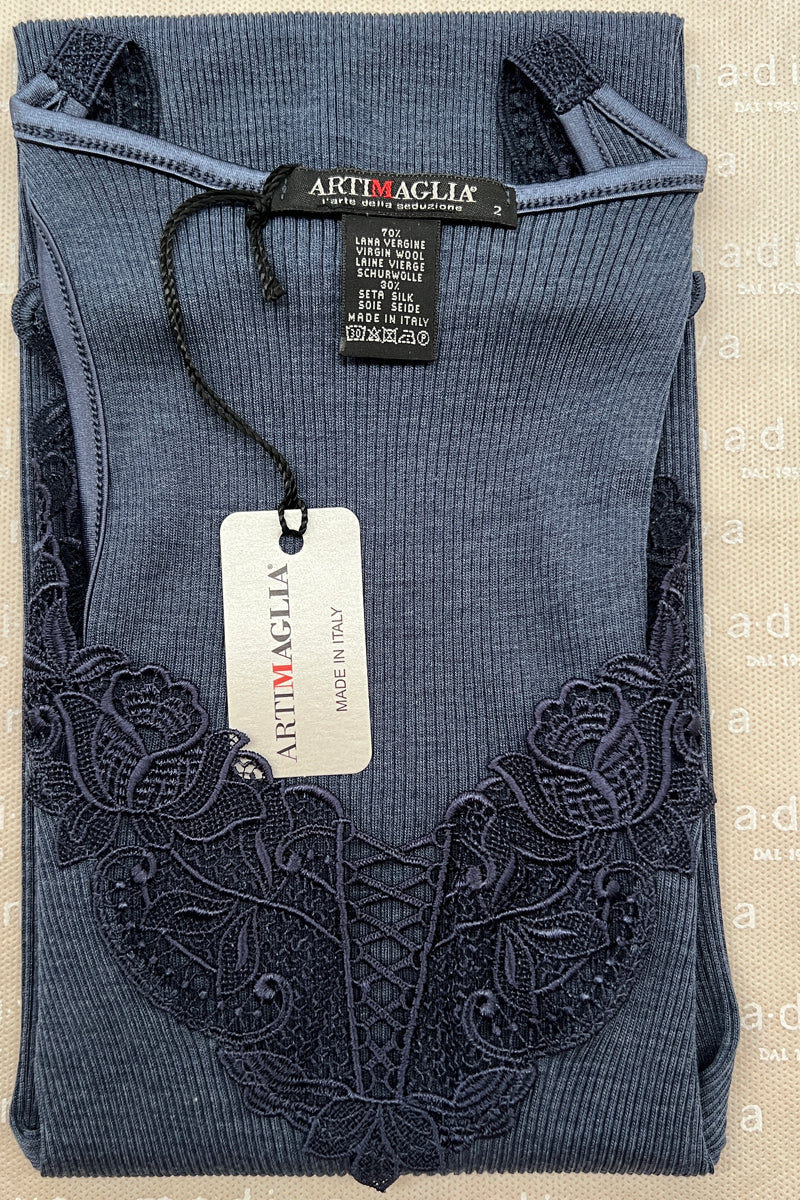 Women's tank top 676 in merino wool and silk - Wide shoulder and macramé insert