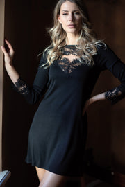 Minidress/ da donna 832 04 in lana merino e seta - Sottoveste Manica lunga e dettaglio in pizzo prezioso