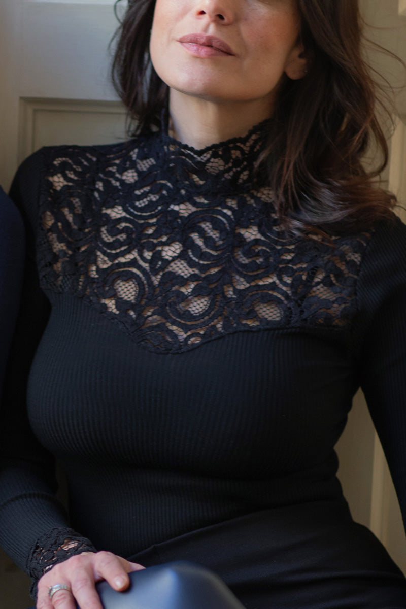 Women's sweater 774 in merino wool and silk - Long sleeve and lace detail