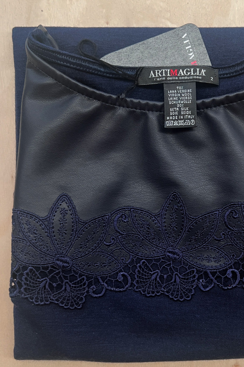 Smanicato da donna 856 in lana merino e seta - Con pelle e lista macramé