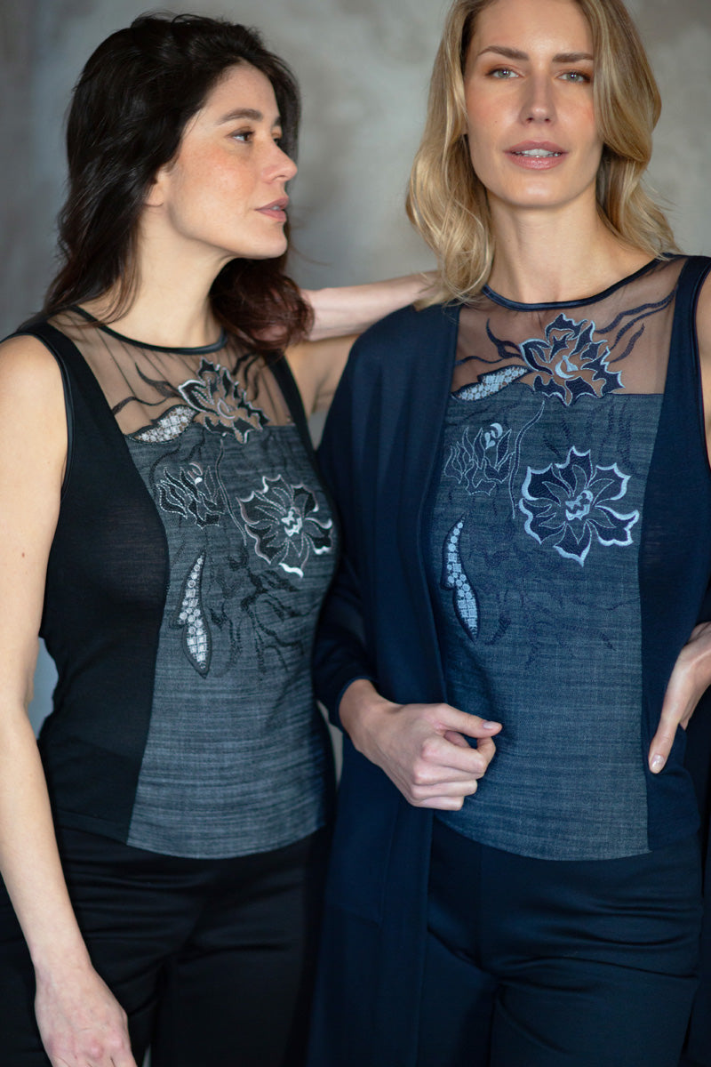 Corsetto da donna 862 05 in lana set, tulle e jeans ricamati