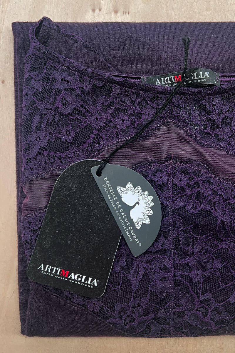 Maglia da donna 871 04 in lana merino e seta -Manica lunga Barchetta, pizzo prezioso e tulle