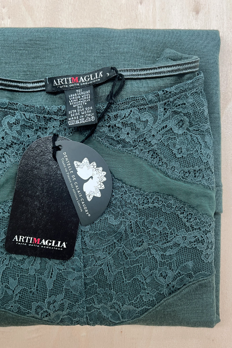 Maglia da donna 871 04 in lana merino e seta -Manica lunga Barchetta, pizzo prezioso e tulle
