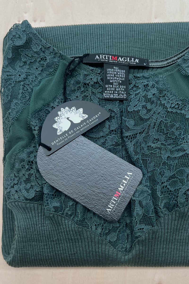 Maglia da donna 873 04 in lana merino e seta -Manica lunga Girocollo in Costina, pizzo prezioso e tulle