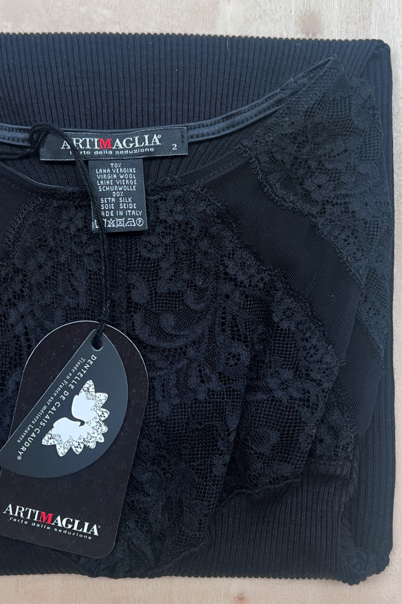 Maglia da donna 873 04 in lana merino e seta -Manica lunga Girocollo in Costina, pizzo prezioso e tulle
