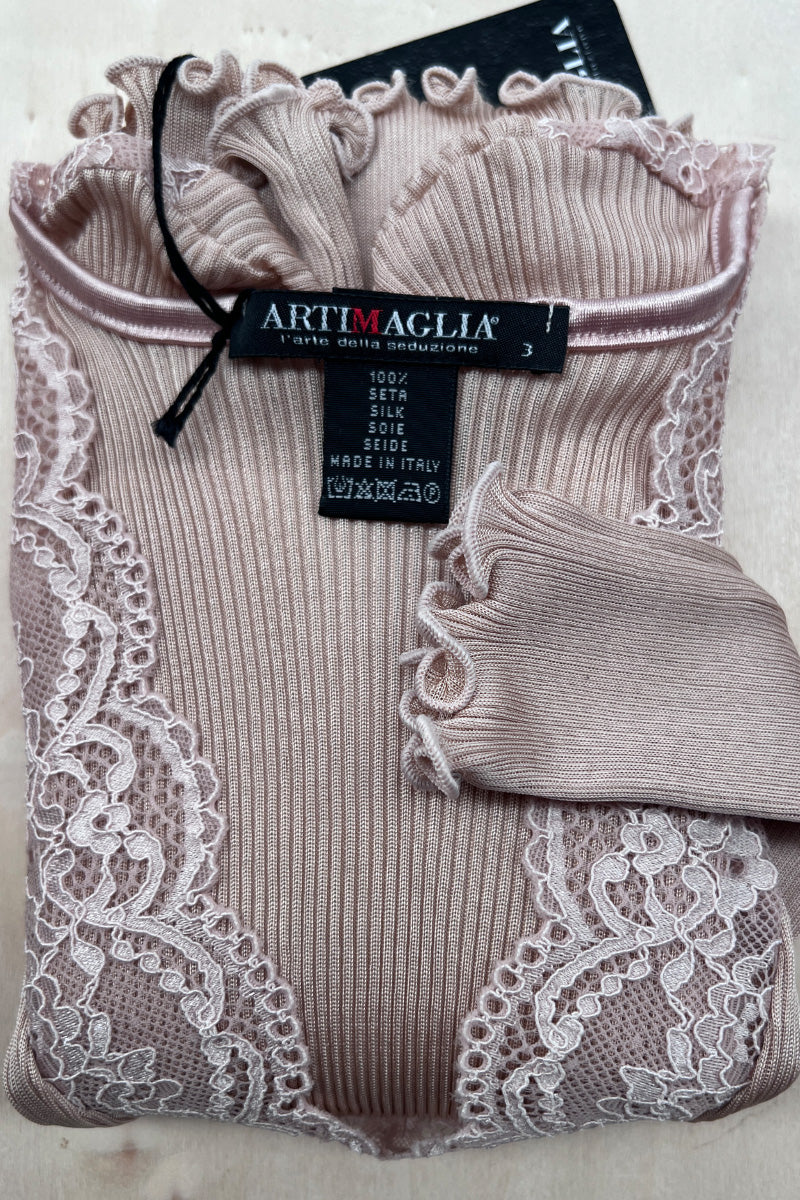 Maglia intima da donna 908 in seta - Manica lunga e scollo a V con balza di pizzo