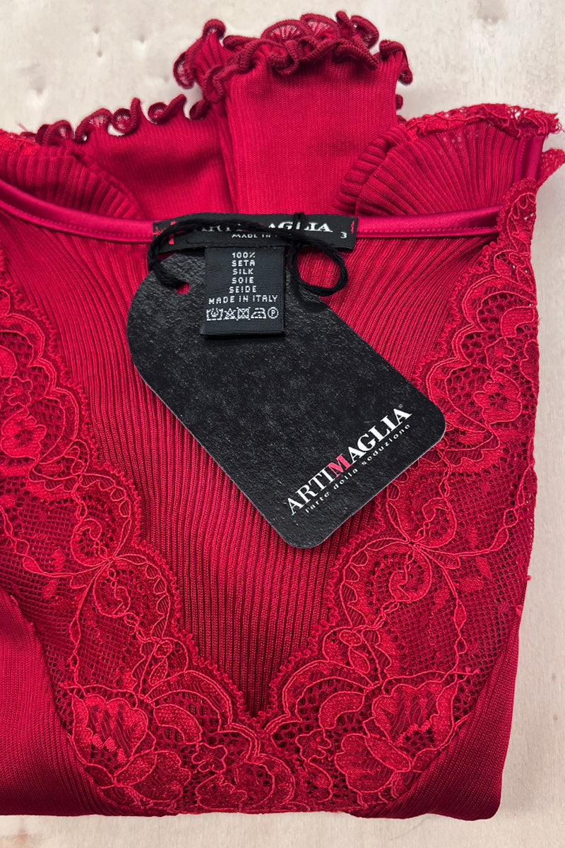 Maglia intima da donna 908 in seta - Manica lunga e scollo a V con balza di pizzo